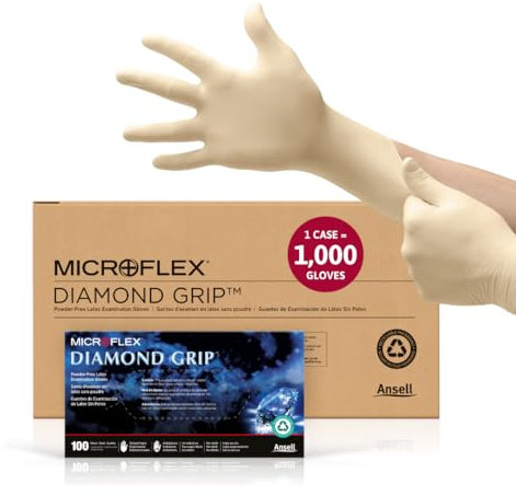 Microflex Diamant Grip Latex Handschuh, puderfrei, 24,4 cm Länge, 6,3 mil Dick, L, natur, 1000