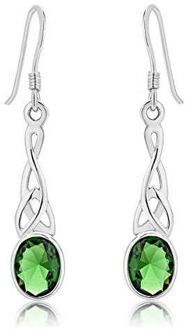 DTPSilver -Damen Haken Ohrringe 925 Sterling Silber - Keltische Dreifaltigkeitsknoten - keltischen Kollektion - Grüne Smaragd