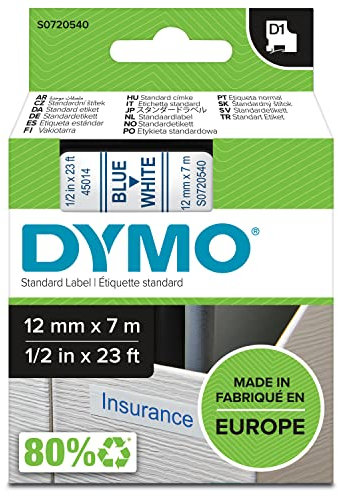 DYMO Original D1-Etikettenband | blau auf weiß | 12 mm x 7 m | selbstklebendes Schriftband | für LabelManager-Beschriftungsgerät