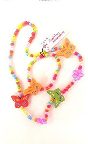 Coloured wooden Butterfly And Bead Necklace And Bracelet Set