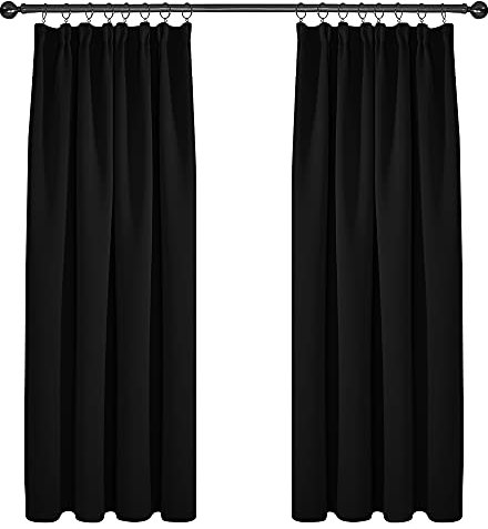 Deconovo Vorhänge Verdunkelungsgardinen mit Kräuselband Hitzeschutz Dicke Gardinen Schlafzimmer Kinderzimmer, 183x117 cm(HöhexBreite), Schwarz, 2er Set