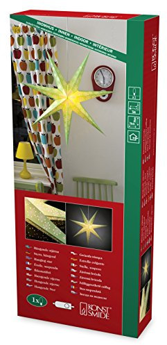 Konstsmide Grüner Papierstern, perforiert und mit weiß bedrucktem Muster, 7 Zacken, inkl. Anschlusskabel mit an/aus Schalter, ohne Leuchmittel, E14 Gewinde, 230V, Innen, weißes Kabel - 2933-920