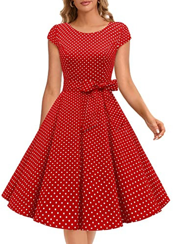Dressystar Damen Vintage 50er Cap Sleeves Dot Einfarbig Rockabilly Swing Kleider Rot Weiß Dot A XS