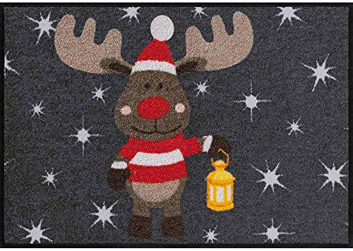 Salonloewe Fußmatte Weihnachten Elch Rudi mit Laterne Schmutzfangmatte waschbar rutschfeste Fussmatte für Jede Haustür aussen + innen 50x75 cm anthrazit rot