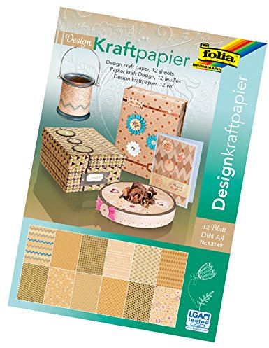 folia 13149 - Design Kraftpapierblock, 12 Blatt, DIN A4, gemustertes Kraftpapier mit Glitzerapplikationen