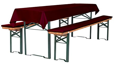 TexDeko® Bierbankauflage gepolstert Auflagenset 220x25x2cm waschbar mit Reißverschluss hochwertige Polsterung 3TLG Set blickdichte Tischdecke 250x100cm (Bordeaux)