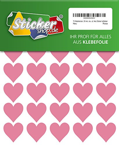 70 Klebeherzen, 30 mm, rosa, aus PVC Folie, wetterfest, Herz Sticker Aufkleber