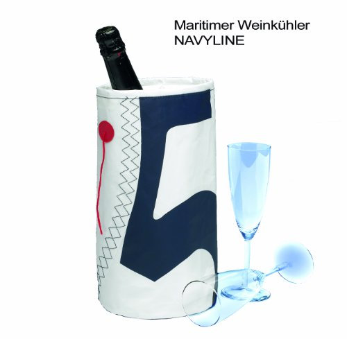 Weinkühler Wine Cooler für eine Flasche Wein Sekt oder Champagner - bester Softweinkühler in maritimem Design für 1 Flasche - Farbe: Weiß - Marineblau mit Trimmfaden - Kühler zum Anhängen Nr. 5