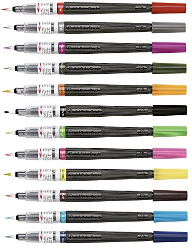 Pentel Arts Colour Brush Pen Set - Nylon Tip - Refillable - 12 Assorted Colours