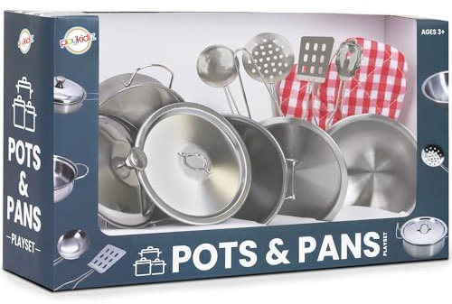 playkidz Super Durable 11 Piece Stainless Steel Pots and Pans Toy Kitchen Cookware Playset for Kids Pretend Play House, Silver