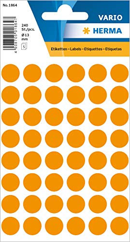 HERMA 1864 Punktaufkleber Klebepunkte leuchtorange, 240 Stück, Ø 13 mm, 48 pro Bogen, selbstklebend, Markierungspunkte für Kalender Planer Basteln, matt, blanko Papier Farbpunkte Etiketten Aufkleber
