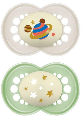 MAM Night Pacifiers (2 Count), MAM Pacifiers 6+ Months, Best Pacifier for Breastfed Babies, Glow in The Dark Pacifier, Baby Unisex Pacifier, 6-16 (Pack of 2)