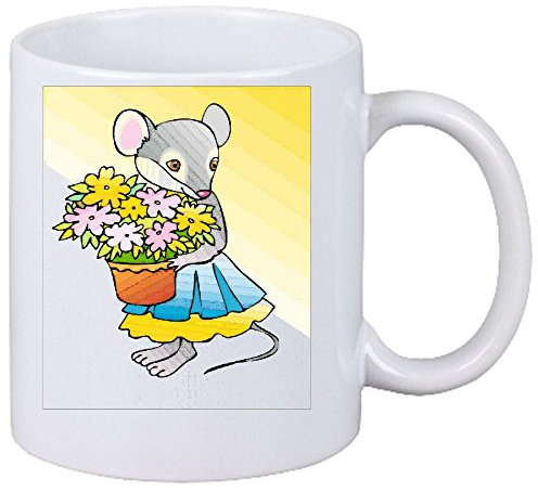 Kaffeetasse Motiv Nr. 11511 Maus mit Blumentopf Cartoon Comic Zeichentrick Keramik Höhe 9,5cm ? 8cm in Weiß