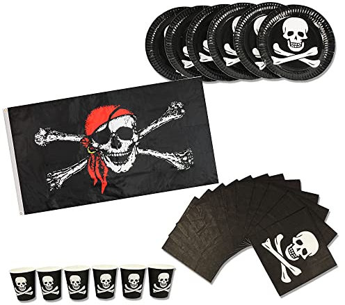 com-four® 25-teiliges Partygeschirr Set - Teller, Becher, Servietten, Flagge - für Piratenparty, Kindergeburtstag & Halloween (Partygeschirr - 25-teilig - f. 6 Kinder)