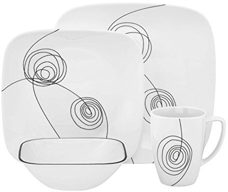 Corelle Vitrelle Scribble Lines 1095130 - Vajilla de cristal (4 comensales, 16 piezas, resistente), diseño de trazos, color blanco y negro