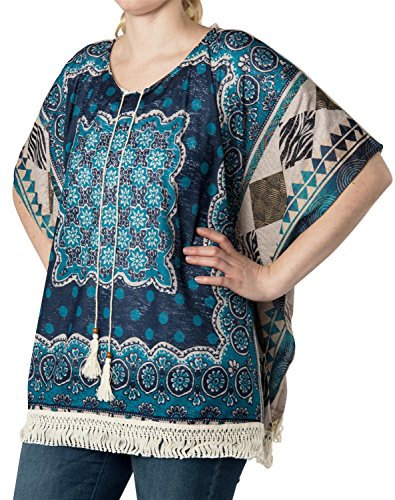 styleBREAKER Poncho mit Ethno Blumen Muster in Leichter Lochoptik, Fransen, Sommer, Oversize Optik, Boho Style, Damen 08010025, Farbe:Hellgrau