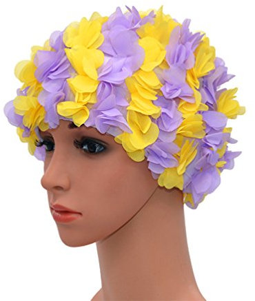 Medifier Gorro de baño Vintage de Encaje con pétalos Florales para Mujer (Púrpura con Acentos Amarillos)