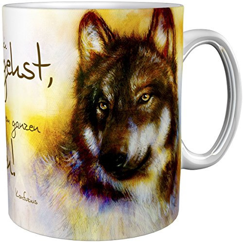 Hochwertiger Kaffeebecher Kaffeetasse mit schönem Wolfsmotiv, 330 ml, für Spülmaschinen und Mirkrowellen geeignet