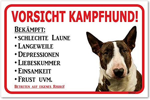 AdriLeo Schild - Vorsicht Bullterrier - Kampfhund - (20x30cm) / Dunkelbraun/weiß - Achtung Hund Wachhund robust langlebig UV-beständig wetterfestes Warnschild