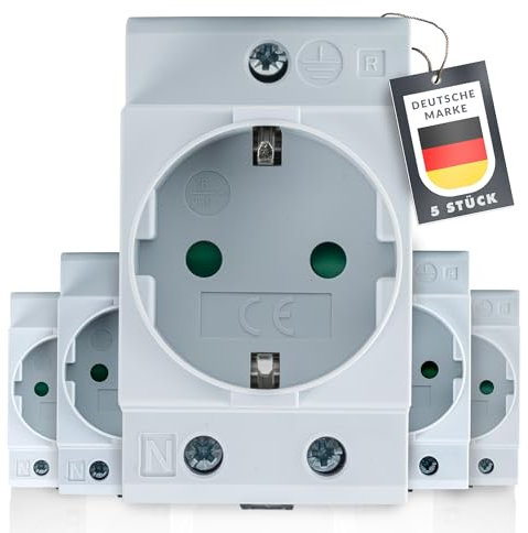 5x Schuko-Steckdose für Hutschiene, Einbau-Steckdose mit Metallclip, Schutzkontakt, Kindersicherung und 2.5 TE Breite, Ideal für Verteilerschränke und Schaltschränke