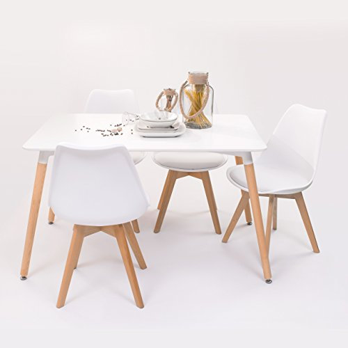 Homely - Conjunto de Comedor Tower Day 120 con Mesa lacada Blanca de 120x80 cm y 4 sillas Day (Blanco)