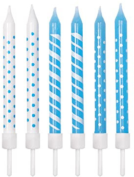 Anniversary House AHC195 Geburtstagskerzen mit Halter, 7,5 cm, Hellblau, gepunktet, 12 Stück, Punkte und Zuckerstangen-Streifen, blau gestreift, 7.5 centimeters