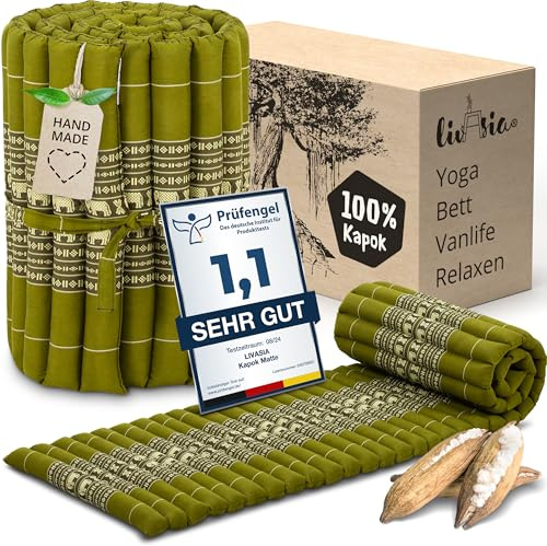 livasia Rollmatte Rollmatratze L-200x110x4,5cm, Gästebett Gästematratze 1 Person, Reisebett Kofferraum Outdoor, Thaimatte Kapok, Garten Balkon handgefertigt rubinrot