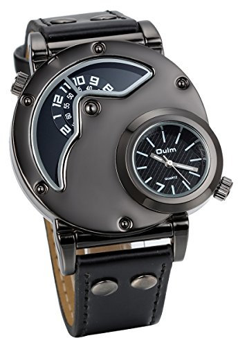 JewelryWe Herren Armbanduhr, Leder Legierung, Elegant Casual Analog Quarz Sportuhr Armband Uhr mit Zwei Anzeigetafeln, Schwarz Zifferblatt Vatertagsgeschenk