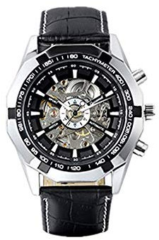 JewelryWe Herren Armbanduhr, Analog Quarz, Fashion Business Casual Mechanische Automatische Uhr mit Leder Armband, Schwarz Bezel Skelett Zifferblatt