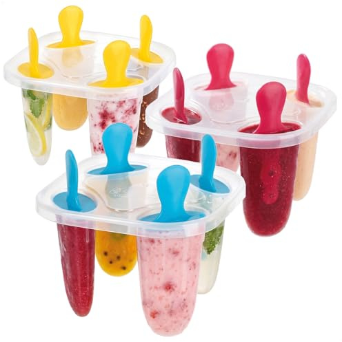 com-four® 3er Set Eisformen für Eis am Stiel, Eisbereiter für 12 Wassereis | wiederverwendbare Eisformen zum Selbermachen - Stieleis Former aus Kunststoff