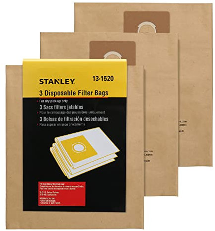 Stanley Bolsa de filtro desechable 13-1520 para aspiradora húmeda o seca de 10 galones, paquete de 3
