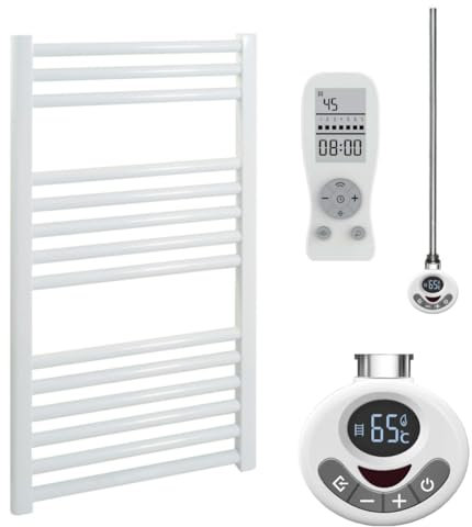 Sol*Aire Heating Products Bray Straight Thermostatic Electric Heated Towel Rail/Warmer/Radiator, White, With Timer. Round Tube, 25mm Bars, High Output. For Bathroom, Kitchen, 800 x 500