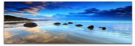 Paul Sinus Art Bilder Wand Bild - Kunstdruck 150x50cm Neuseeland Meer Strand Steine Morgenlicht