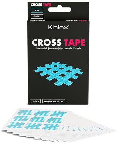 Kintex Cross Tape - selbstklebendes, hautfreundliches, wasserfestes Kinesiologie-Tape - Gittertape für Schmerz- und Trigger-Punkte - 90 Stück - Blau - 27 x 20 mm
