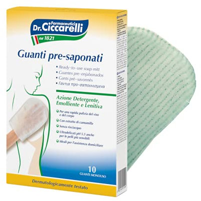 Dr Ciccarelli, Guanto Pre-saponato Monouso, Deterge Delicatamente e Rapidamente il Viso e il Corpo Senza l'Uso dell'Acqua, Dermatologicamente Testato, 100% Made in Italy, 20 Pezzi