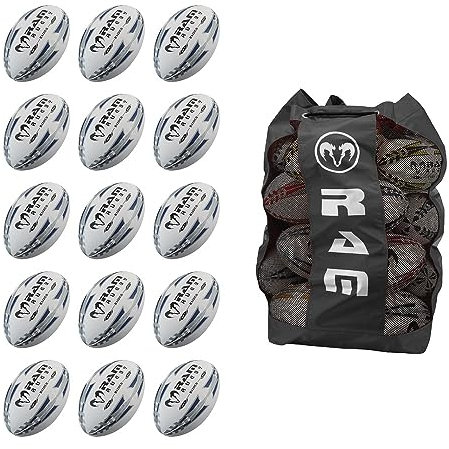 Ram Rugby Match Ball Bundle - 15 x Raider Match Ball + Breathable Bag (Black, 4)