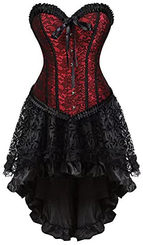 jutrisujo Corset Dress Bustiers Gothic with Skirt Set lace up Burlesque Flower Red M