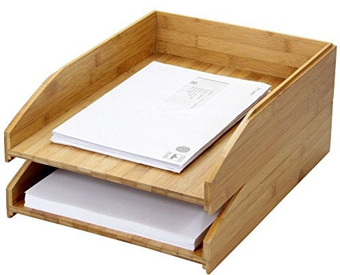 Bamboo Set of 2 Stackable Letter Racks A4 Paper Letter Tray Magazines Holder Sorter