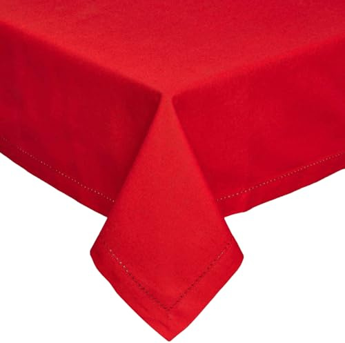 HOMESCAPES Red Table Cloth, Plain Cotton Tablecloth, Square, Handcrafted & Durable Dining Table Cover with Hem Stitch, Hypoallergenic, Washable, 137 x 137cm