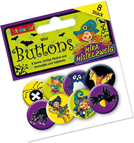 Mauder Verlag 8 Mini Button * Hexe MIRA Mistelzweig * mit Anstecknadel vom Lutz 67234 // Kinder Geburtstag Mitgebsel Geschenk Party Buttons Set Halloween Witch