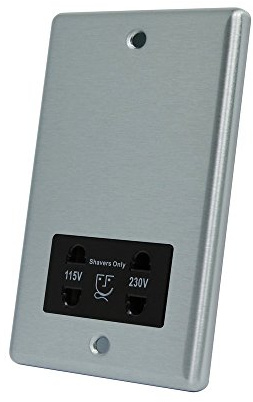 AET CSCSHABL 115/230 V 2-Gang Satin Finish Chrome Classical Shaver Socket with Black Insert