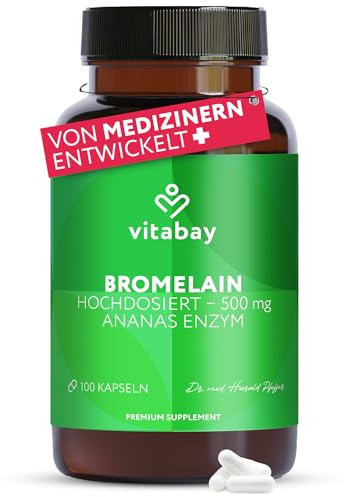 Vitabay Bromelain hochdosiert 500mg - 100 Vegane Kapseln | Bromelain Kapseln aus Ananas Extrakt - Magensaftresistent - Ananas Enzym - Laborgeprüft & aus hochwertigen Rohstoffen