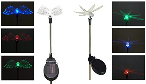 2x LED Solar-Außen-Garten-Leuchte-Stecker Schmetterling + Libelle farbwechselnd, IP44, Blumentopf-Wege-Party-Dekorations-Stimmungs-Lampe