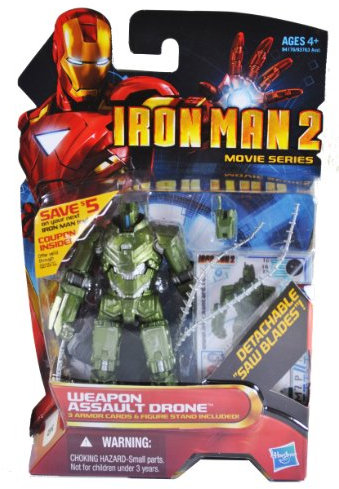 Iron Man 2 Movie Series 4 Inch Tall Action Figure Set #16 - WEAPON ASSAULT DRONE with Poseable Shield Panels, Detachable Saw Blades and Figure Display Stand Plus 3 Armor Cards