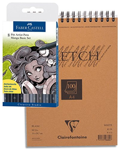 Faber Castell 167107 - Tuschestift PITT artist pen brush -Manga- 8er Packung + A4 Spiral-Skizzenblock