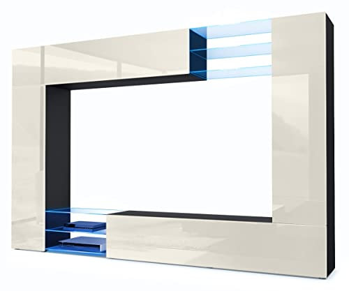 Vladon Wohnwand Mirage, Made in Germany, Anbauwand mit Rückwand mit 2 Türen, 2 Klappen und 6 offenen Glasablagen, Schwarz matt/Creme Hochglanz, inkl. LED-Beleuchtung (262 x 183 x 39 cm)