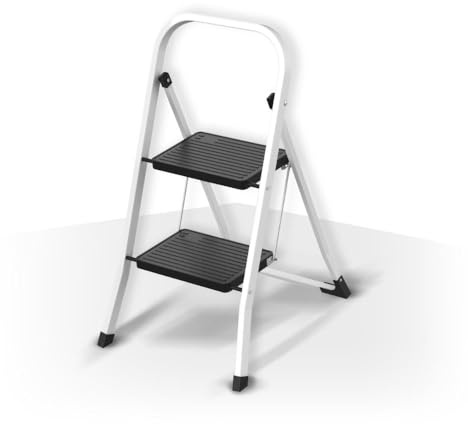 MSV - Klappbare Trittleiter mit 2 Stufen aus Stahl - Tragfähigkeit 150 kg - GS Sicherheitsnorm - Kompaktes, faltbares Design, platzsparend - Weiß
