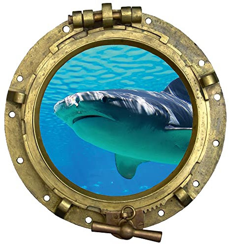 GRAZDesign Wandtattoo Bullauge Hai Unterwasser | Wandsticker Wandaufkleber Bad, Tür, Fliesenaufkleber Klebefolie Waschmaschine Fliesen | maritime Deko - 62x57cm