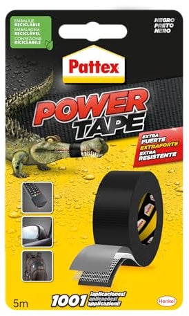 Pattex Power Tape, Nastro Telato Americano, Nastro Isolante Extra Forte per Carichi Pesanti, Per Tutti i Materiali, Impermeabile, Universale, Per Riparazioni, Fissaggio, Imballaggio, Nero, 48mmx5m