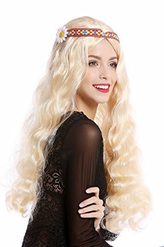 WIG ME UP -91298-ZA02 Parrucca Donna Uomo Carnevale Halloween Figlio dei Fiori Hippy Anni 60 e 70 Lunga Biondo Ondulata Riga in Mezzo Fascetta Fiore